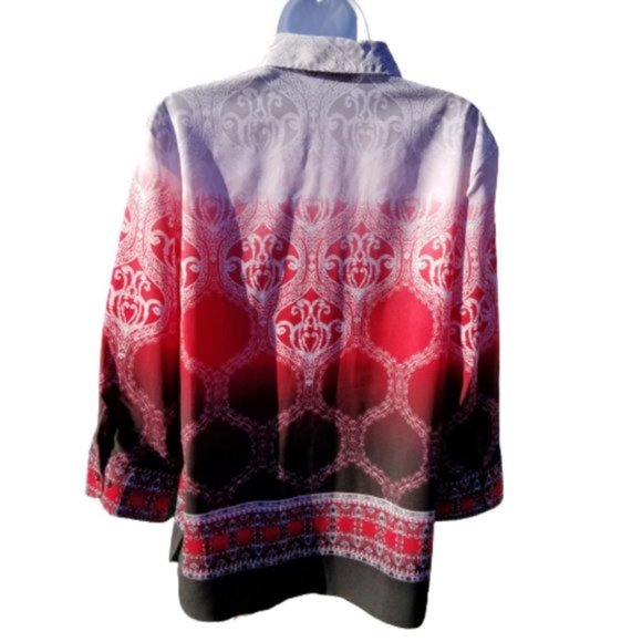 Alia Boho Tunic Shirt Geometric Print Button Up Long Sleeves Red Black Size 10 - Picture 3 of 12